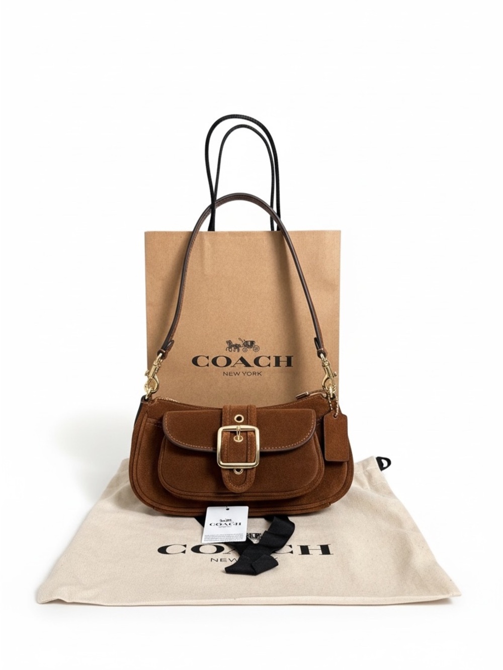 Coach Ashton Mini Shoulder Bag Saddle Suede Gold Hardware NWT with Dust Bag